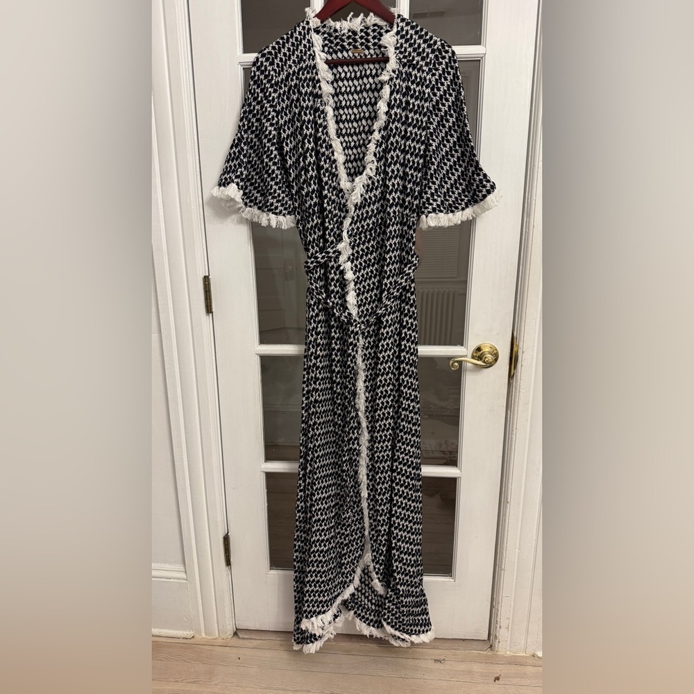 DODO BAR OR Black & White Houndstooth 100% Cotton Fringe Tie Waist Wrap Dress